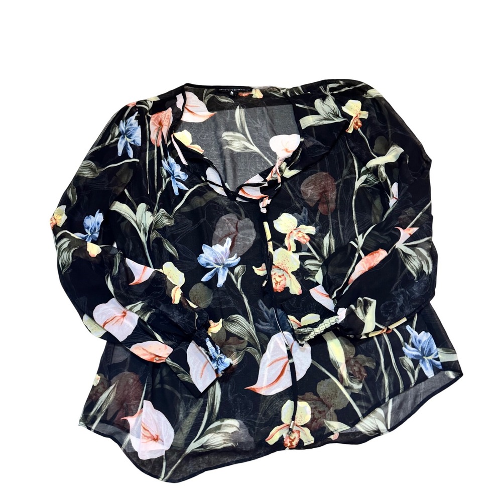 White House Black Market‎ Floral Blouse Sheer Ruffle Trim Long Sleeve Medium
